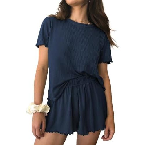 Ekouaer Womens Pajamas 2 Piece Ribbed Knit Pjs Short Sleeve Sleepwear Set Summer Soft Pajamas Set Casual Lounge Sets