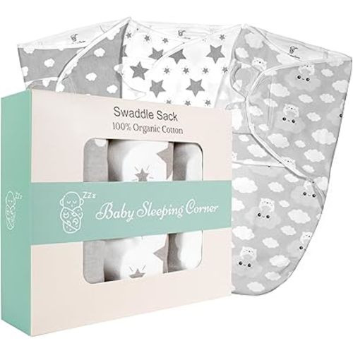 Baby Swaddle Blanket Set for Newborns - 100% Organic Cotton Soft and Breathable Swaddle Sack with Easy-to-Use Adjustable Wrap Design, Suitable for Baby Boys and Girls, Size Small (0-3 Months) (Grey)