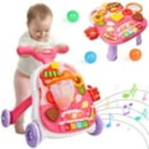 Hot Bee Sit-to-Stand Learning Walker, 2 in 1 Baby Walker and Activity Center, Baby Music Learning Toy, Birhday Christmas Gift for Infant Boys Girls 6 to 18 Months-Pink