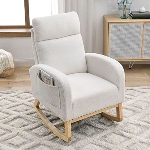 Nursery Rocking Chair with Solid Wood Legs, Glider Chair for Nursery with Two Side Pockets, Rocker Armchair for Living Room Bedroom (Ivory White, Teddy Fabric)