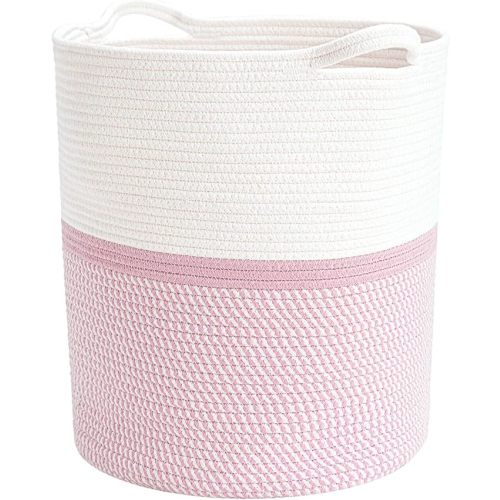 INDRESSME Cotton Basket 17¾ x 15¾ x 13¾ inches Woven Hamper Pink Girl Basket for Gift Toy Blanket Corner Basket in living Room