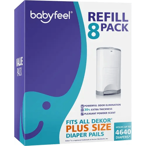 Babyfeel Refills for DEKOR PLUS Diaper Pails, 8 Pack, Exclusive 30% Extra Thickness, Fresh Powder Scent, Holds up to 4640 Diapers