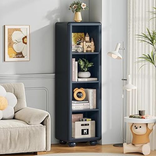 ONBRILL 4-Tier Tall Bookshelf, Wooden 4 Cube Bookcase with Sphere Foot, Sturdy Kids Storage Organizer for Living Room Bedroom Playroom, Freestanding Storage Cabinet for Kitchen & Bathroom (Navy Blue)