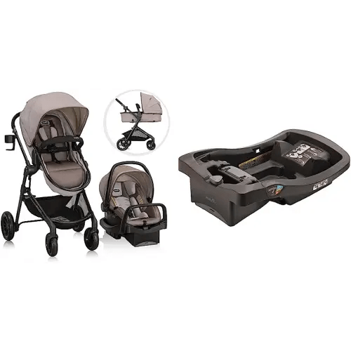 Evenflo Pivot Modular Travel System with LiteMax Infant Car Seat with Anti-Rebound Bar (Desert Tan) and Evenflo LiteMax Infant Car Seat Base, Black