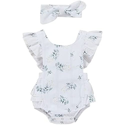 Baby Girls Floral Cotton Leotard Romper Newborn Daisy Playsuits Ruffled Sleeve Onesie Infant Jumpsuit Clothes Headband