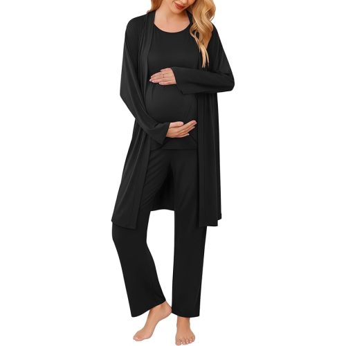 Ekouaer Maternity Nursing Robe Set 3 Pieces Sleeveless Top, Pregnancy Pants & Robe Double Layer Pajamas S-XXL