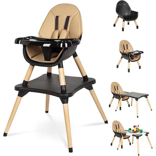 6 in 1 High Chair for Babies & Toddlers, Convertible Wooden Baby Highchair, Table and Chair Set, Baby Feeding Chair, 5-Point Adjustable Harness/4-Position Removable Tray& PU Seat Cushion (Black)