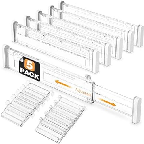 HiYZ Adjustable Drawer Dividers with Inserts - Expandable 12.6''-22.8'' Kitchen Drawer Organizers Separators for Utensils, Tools, Clothing, Socks, Dresser- 5 Long Dividers with 10 Inserts(3.9''-7.1'')
