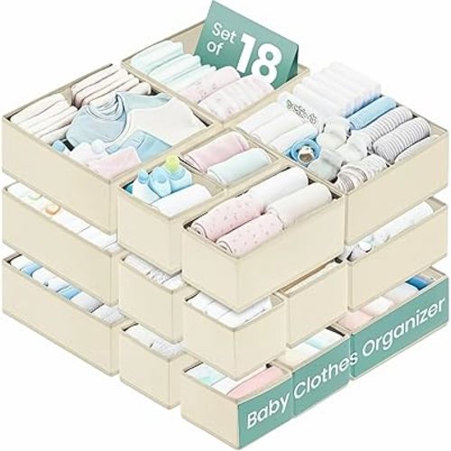 RFAQK Dresser Drawer Organizer Clothes-18 Pack Underwear Clothing Drawer Organizer for Baby, Nursery, Closet-Foldable Fabric Drawer Dividers for Bedroom, Storage Bins for Bra, Socks, Belt, Tie-Beggie