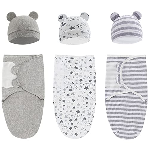 Exemaba Baby Swaddle Sleep Sack with Hat Set for 0-3 months 3-Pack Soft Cotton Newborn Wearable Swaddle Wrap for Girls Boys