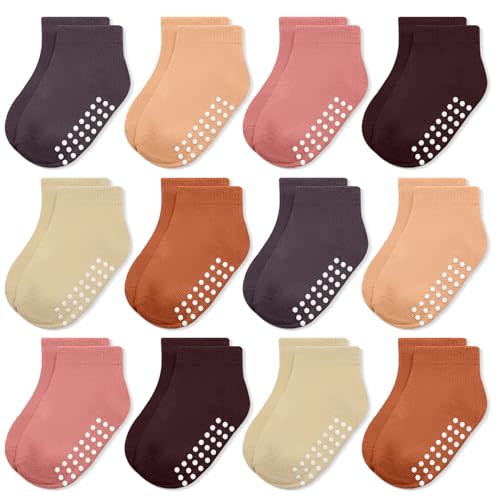 JAKIDAR 12 Pair Baby Toddler Socks Non-Slip Grip Cotton Ankle Socks for Boys Girls Non Skid Soles for Infants Kids