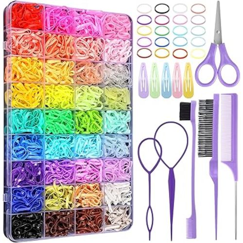 36 Colors Hair Rubber Bands for Hair, 2500 Pcs Elastic Hair Bands with 11 Hair Styling Tools, Colorful Elastic Hair Ties Toddler Hair Accessories for Girls Kids