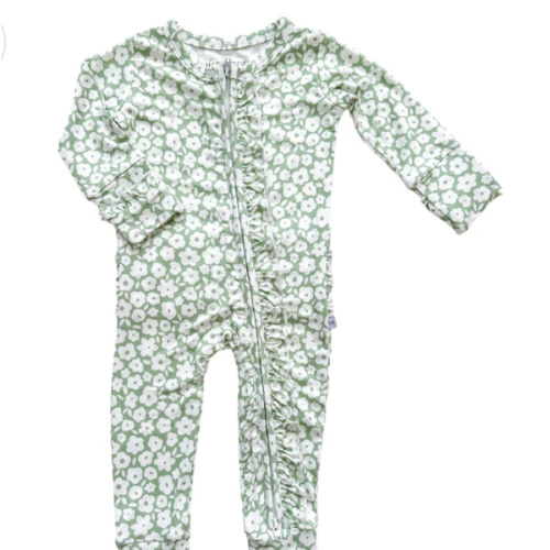 Ruffle Zipper One Piece - Sage Ditsy Floral