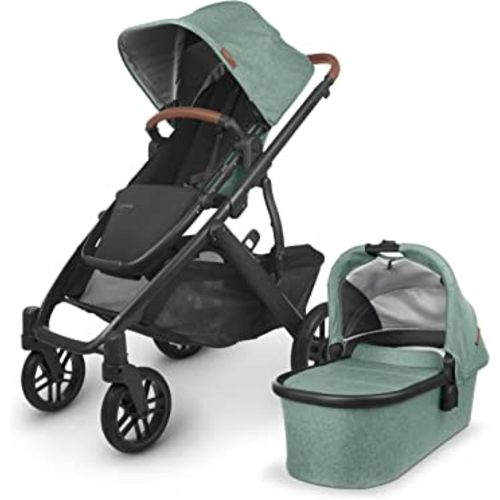 UPPAbaby Vista V2 Stroller/Convertible Single-to-Double System/Bassinet, Toddler Seat, Bug Shield, Rain Shield, and Storage Bag Included/Gwen (Green Mélange/Carbon Frame/Saddle Leather)