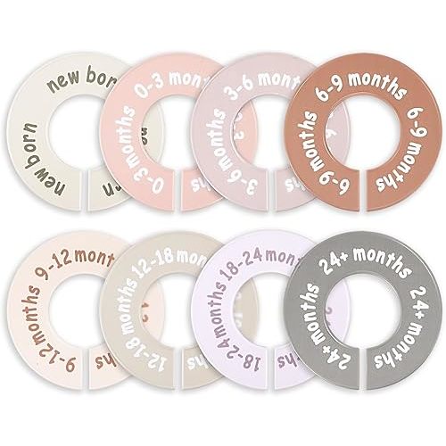 8 Pcs Baby Closet Dividers, Baby Clothes Dividers for Closet Clothes Size Divider Round Labels for Sorting From Newborn to 12+ Months Fits 1.5" Rod Organize Nursery Hangers(Multicolor)