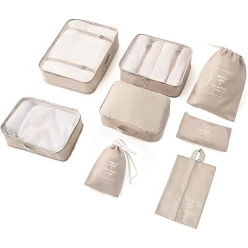 8 Pieces Mesh Packing Cubes for Travel, Luggage Packing Organizers Bags Set, Travel Essentials Suitcases Accessories with Laundry Bag, Storage Shoe Bag, Clothing Underwear Bag (Cream, 8 set)