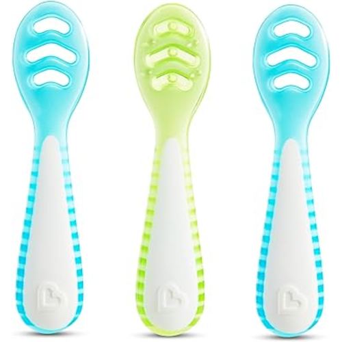 Munchkin® Gentle Dip™ Multistage First Spoon Set for Baby Led Weaning, Self Feeding, Solids & Purees, 3 Pack, Blue/Green