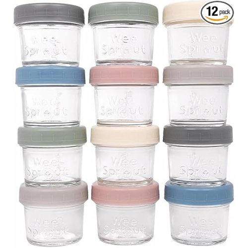 WeeSprout Glass Baby Food Storage Jars w/Lids (4 oz, 12 Pack Set) Snack, Puree, Reusable Small Containers, Breast Milk, Fridge or Freezer, Microwave & Dishwasher Safe, Essential Must Have for Infants