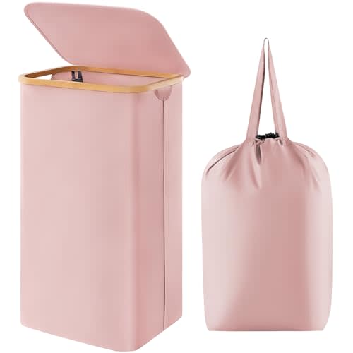 Lifewit 100L Laundry Basket with Lid, Clothes Hampers for Laundry with Bamboo Handles and A Removable Laundry Bag, Large Foldable Laundry Hamper for Bedroom, Bathroom, Dorm, Laundry Room, Pink