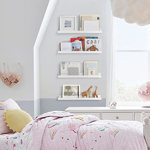 Forbena Nursery Floating Shelves for Wall, 23 Inch Long Nursery Book Shelves Set of 4, Rustic Wood Picture Ledge Shelf for Bedroom, Bathroom, Living Room, Photo Frames, Office Decor (White) - 23.1 Inches