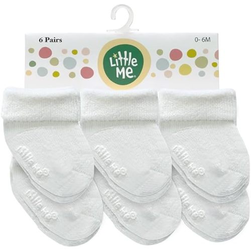 Little Me Baby Socks – 6-Pack Terry Turn Cuff Socks for Newborns, Infants & Babies, 0–6 Months
