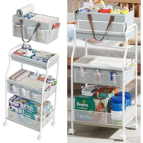 2 In1 Baby Diaper Caddy Organizer & Storage Cart, 3-Tier Rolling Diaper Organizers with Divider and 12 Pocket,Nursery Bedside Caddy Utility Cart for Baby Clothes & Dresser Baby Bottle -Baby Essential
