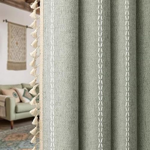 Sage Green Boho Blackout Curtains 2 Panels 84 Inch for Living Room Bedroom, Linen Texture Farmhouse Curtains with Tassels and White Cotton Embroidery Vintage Rustic Country Western