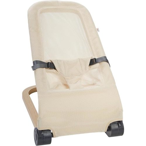 Giggle Bounce Deluxe Folding Baby Bouncer with Soothing Natural Movement, Convenient Portable Folding Design, Adjustable Multi Position Recline, Removable Mesh Cover, and Wood Grain Base, Cream