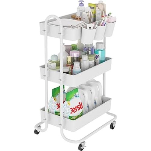 Sywhitta 3-Tier Storage Rolling Utility Cart with 3 Hanging Cups, Multifunctional Storage Trolley for Kitchen,Bathroom,Living Room,Office, White