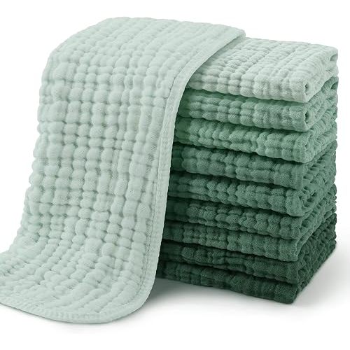 Yoofoss Muslin Burp Cloths for Baby 10 Pack 100% Organic Cotton Baby Washcloths for Boys Girls Large 20''X10'' Super Soft and Absorbent Gradient Green