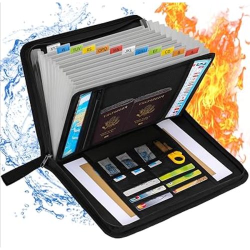 Fireproof Accordion File Organizer,Fun Storage 13 Pockets Expanding File Folders with Zipper/Handle,3-Layer Compartments Fire Safe Bag for Important Documents and Items,A4/Letter Size