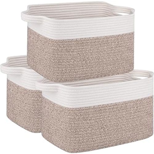 OIAHOMY 3 Pack Storage Basket for Organizing, 13''X9.85''X8.7'' Storage Bins,Woven Basket Basket with Handles, Toy Storage Basket Bin,Stylish Room Decor Basket, white & Brown variegated