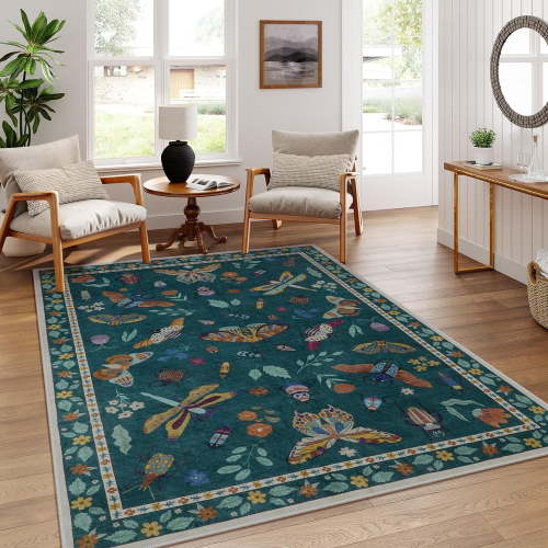 Moynesa 5'x7' Insect Print Washable Area Rugs, Soft Rugs for Living Room Ultra-Thin Non-Shedding Modern Bedroom Rug, Stain Resistant Throw Rug Large Carpet for Dining Room,Green