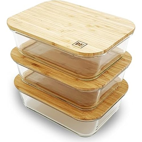 Glass Food Storage Containers with Bamboo Lids (3 Pack, 51 Ounce) Eco Friendly Meal Prep Containers Reusable – Airtight, Plastic Free, BPA Free