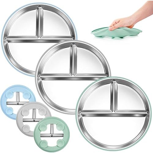 Bella's Friends Stainless Suction Plate for Baby, 3 Packs Non-Toxic Divided, Food-Grade Silicone Plate for Baby