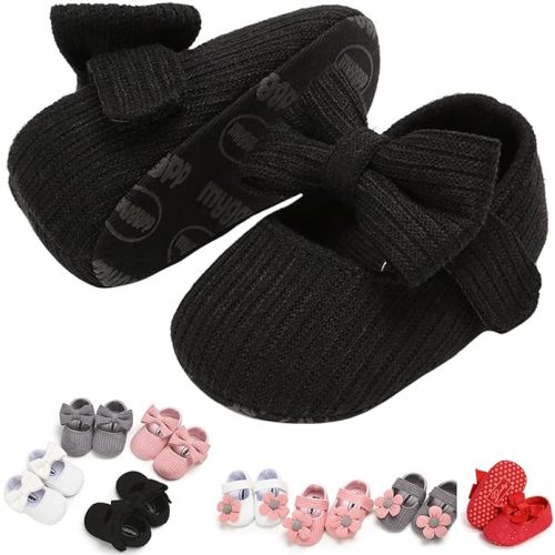Baby Girls Mary Jane Flats with Bowknot Floral Princess Wedding Dress Shoes Soft Newborn Infant Crib First Walkers Prewalker - 0-6 Months Infant - 02 Black