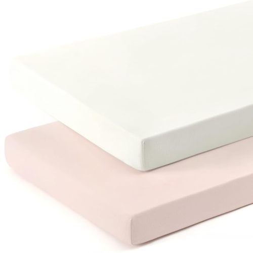 GRSSDER Mini Crib Sheets Fitted, Pack and Play Sheets 2 Pack, Ultra Soft Stretchy Pack N Play Sheets, Universal Fit for Playard Mattress, Jersey Crib Sheets for Boys and Girls, Cream/Pink - Cream & Pink