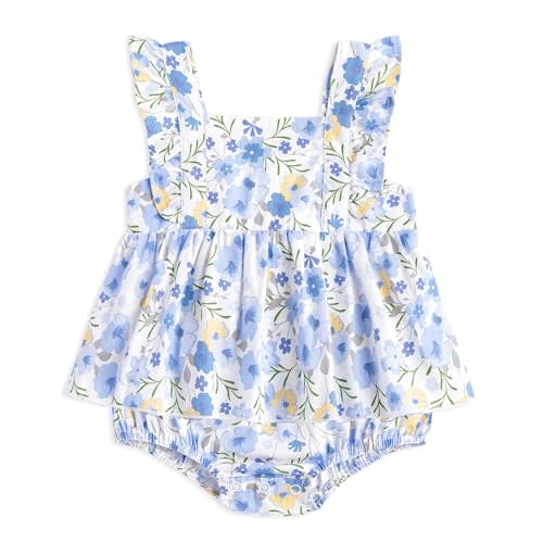 Simplee kids Baby Infant Girls Summer Romper Dress Summer Cotton Ruffle Sleeve Floral Onesie for 3 Months Blue Floral