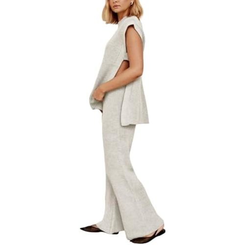 Lviefent Womens 2 Piece Outfits Sweater Set Sleeveless Side Slit Pullover Top Knit Wide Leg Pants Lounge Matching Sets