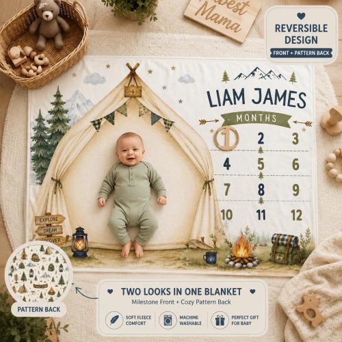 Personalized Woodland Camping Milestone Blanket Custom Name Newborn Gift Baby Shower Photo Prop