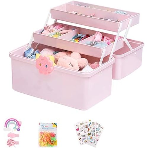 Kids Hair Accessories Organizer for Girls, Multi Layer Hair Accessories Organizer Storage Box with Stickers, Lids, and Handle, Plastic Hair Tie Holder Organizer for Toddler Girls
