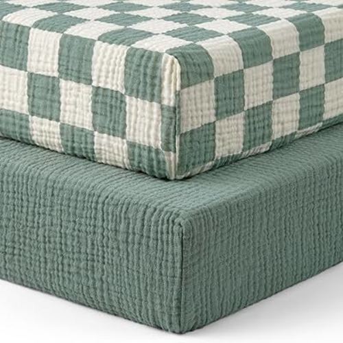 Blissful Diary Muslin Crib Sheets for Girl Boy, Boho Neutral Soft Cotton Baby Sheet for 52''x28'' Standard Crib Mattress, 2 Pack(Sage Checkboard & Sage Green)