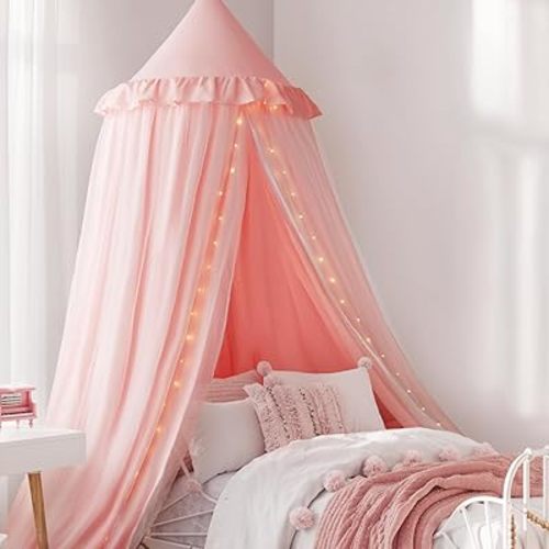 Bed Canopy Drapes, Double Layer Canopies Netting Tent for Bed, Princess Fairy Bed Canopy for Girls, Adults, Canopy Bed Curtains Mosquito Net, Pink, 27''x108''