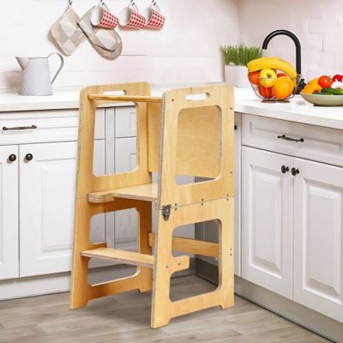VECELO Toddler Kitchen Step Stool, Helper Baby Standing Tower with Chalkboard, Natural Wood Color