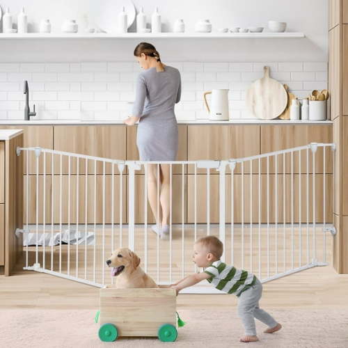 Baby Gate, Caveen 3Panels 80" Extra Wide Baby Safety Gate for Doorway Kitchen Playard for 0-3 years old, White