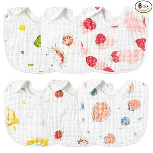 Zainpe 6Pcs Snap Muslin Cotton Baby Bibs Strawberry Lemon Avocado Pattern Infants Feeding Bib Adjustable Machine Washable Unisex Burp Cloths with 6 Absorbent & Soft Layers for Drooling and Teething