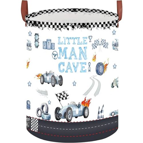 Car Themed Room Decor Laundry Basket, Kids Vintage Car Nursery Hamper,Tire Toy Box for Boys,Collapsible Clothes Book Organizer Bin for Baby,Christmas Gift(Vintage Blue,Round)