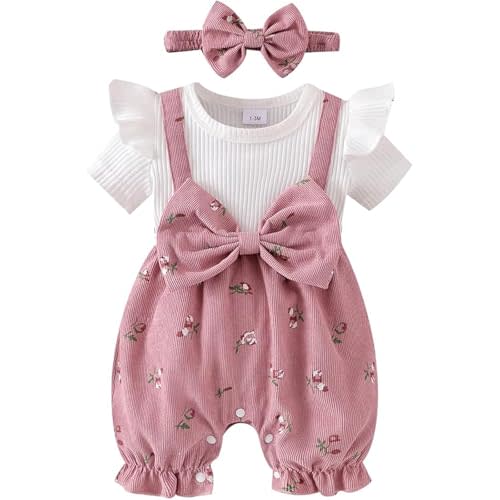 Newborn Baby Girl Clothes Short Sleeve Flying Sleeve Ribbed Patchwork Floral Bubble Romper Infant Summer Outfit