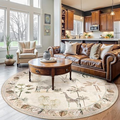 jinchan Moonrise Round Rug 6ft Kids Room Area Rug Washable Unicorn Rug Soft Non-Slip Low Pile Fairytale Woodland Animals Floral Carpet for Classroom Nursery Playroom Bedroom Living Room Daylight Cream