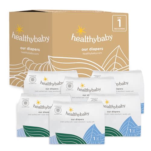 HealthyBaby Non-Toxic Diapers for Sensitive Skin - Size 1, 198 Count | EWG Verified & Microbiome-Friendly. Made with organic cotton & plant-derived materials. 12-hour leak protection. TCF.